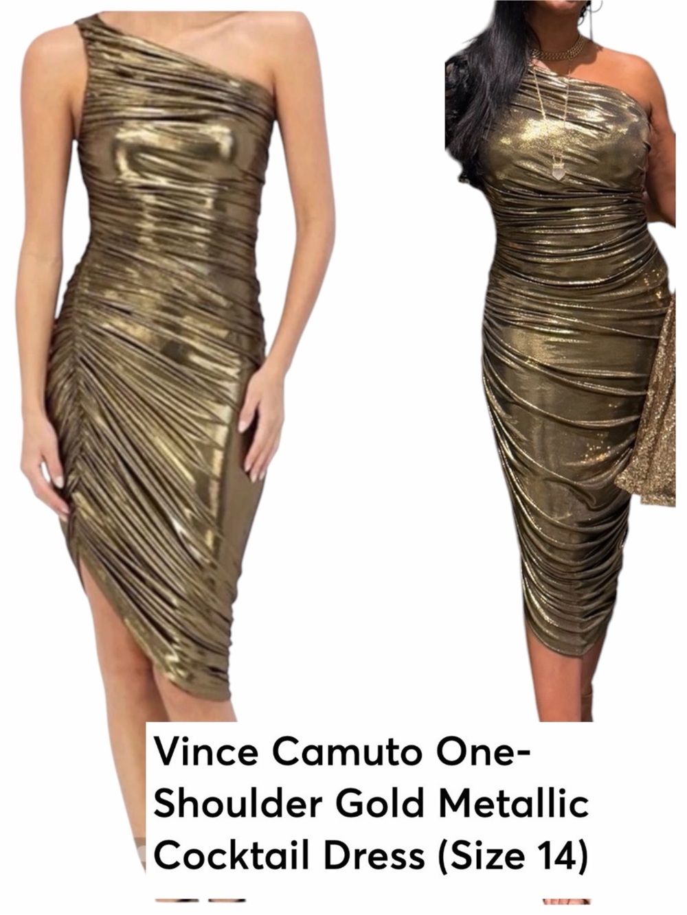 Vince Camuto Metallic Gold One-Shoulder Ruched Dress